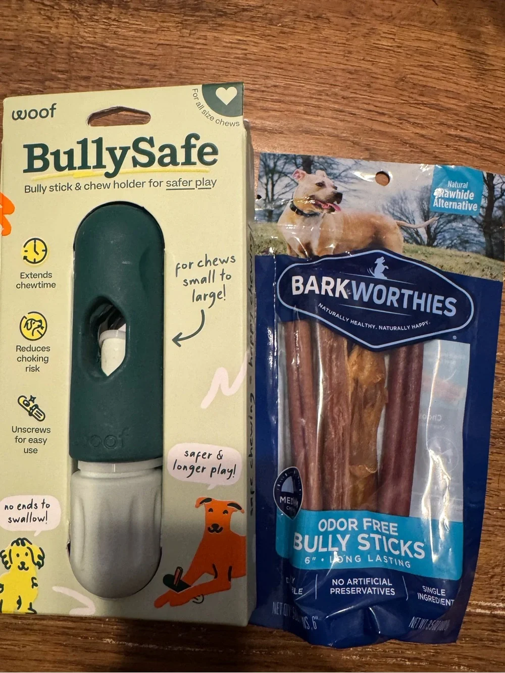 Woof Bullysafe bully stick holder & barkworthies odor free bully sticks NEW